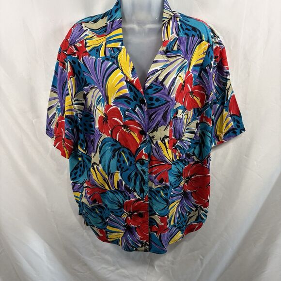 Leslie Fay Sportswear Button-Up Blouse Womens Plus 18 Floral Hawaiian Boho Retro - Picture 1 of 16